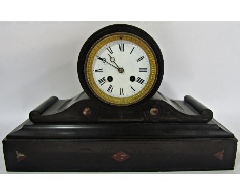 Victorian black slate mantel clock with drum movement, enamel dial and striking action 