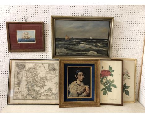 Seven framed works to include: Sailboats at sea, oil on board, unsigned, 30 x 48 cm; After Antoine Jean Baron Gros (1775-1835