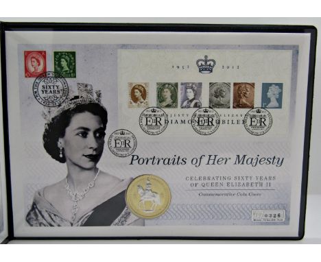 Eight sets of coins mounted on franked envelopes, Crowns, £20 coin, £2 coins and a set of the fifth portrait 2015 8 coins, (1