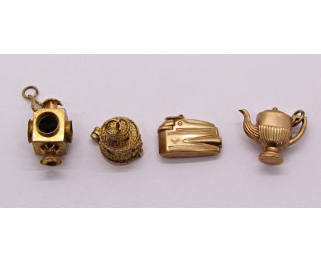Four 9ct novelty charms comprising a hinged wedding cake with bride and groom, a lighter, coffee pot and lantern, 10.3g (4)