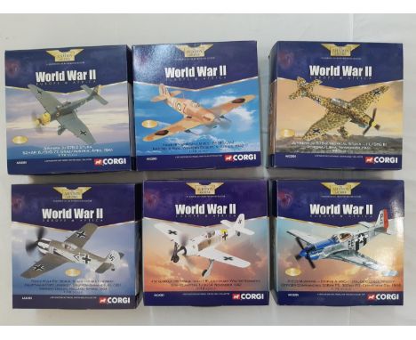 6 boxed model aircraft from Corgi World War II series including Junkers Stuka, Mustang, Hawker Hurricane and Focke Wulf ref n