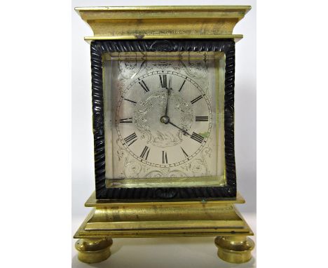 A late Georgian mantel clock the rectangular engraved silvered dial with scrolling flowers, to the centre a swan enclosing a 