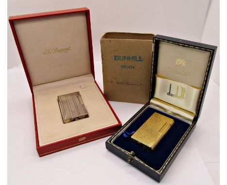 Dunhill gold plated cigarette lighter with engine turned detail, 'C663', in fitted leather case and a further S.T. Dupont sil