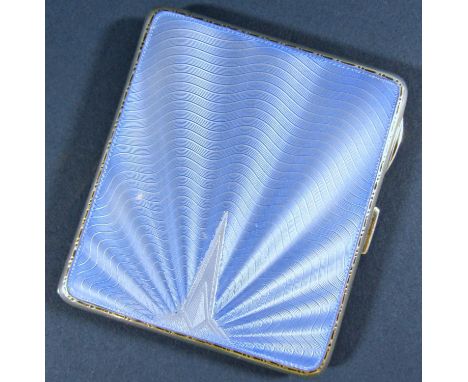 A guilloche blue art deco enamelled silver cigarette case with an engine turned back, Birmingham 1936, maker William Neale, r