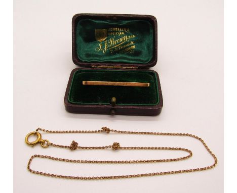 Antique 15ct bar brooch with engraved initials 'A.D.H', 3.4g, contained in a period case, together with a 9ct chain necklace,