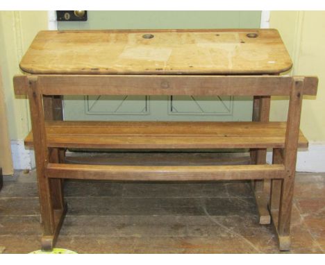 A vintage school desk for two pupils together with matching bench, 110cm wide 