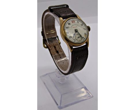 vintage unisex wristwatch, 9ct gold case, white enamel dial, West End Watch Co, keepsake, not running 