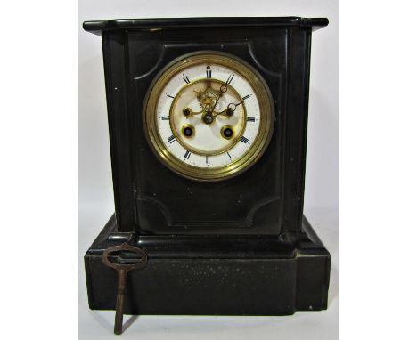 Victorian black slate mantel clock, the eight day striking movement with visible escapement 