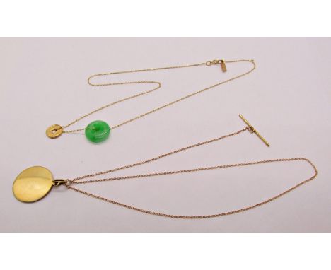Two 14k necklaces by Loren Stewart comprising a 'Jade Coin Necklace X Fong Min Liao' and 'Disk &amp; Toggle Necklace', 7.7g t
