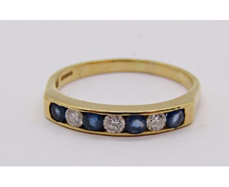 18ct channel set sapphire and diamond ring, maker 'GSJ', size R, 3.2g 