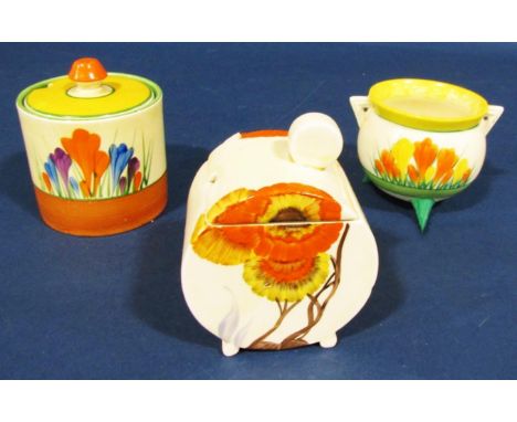 Clarice Cliff Rhodanthe patter sugar basin and cover of drum form together with crocus pattern cauldron shaped sugar basin an