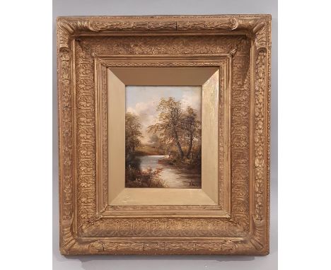 R. Hulls - River Scene, oil on board, signed lower right, in moulded gilt frame, 15 x 20 cm 