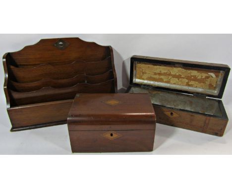 19th century oak desk top stationery rack together with a 19th century tea caddy (af) and a 19th century mahogany glove box w