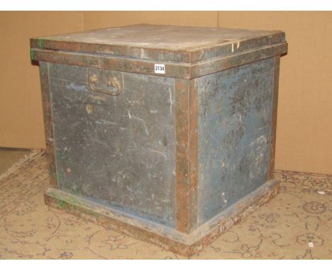 An unusual 19th century pine box with painted finish, drop carrying handles and iron strap work fittings, 60 cm wide x 52 cm 