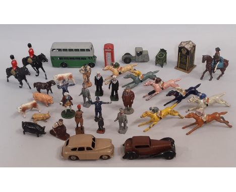 Collection of lead painted and tin plate vintage  toys including 7 Chad Valley racehorses, mounted guardsmen, Britains farm a