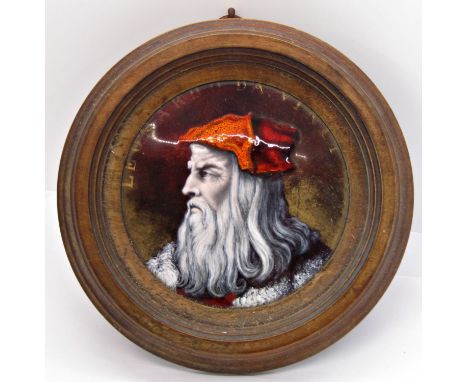 Late 19th century enamel portrait panel, showing Leonardo da Vinci in a moulded timber frame, retailed by Phillips Bros &amp;