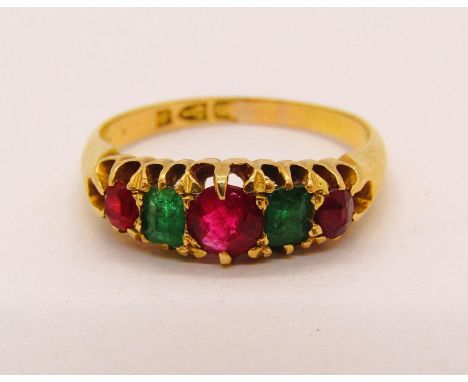 Late Victorian 18ct ruby and emerald ring, size L, Chester 1892, 2.9g 