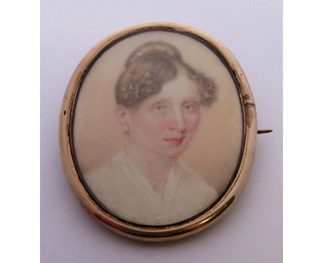 19th century yellow metal mourning brooch with hand painted portrait of a lady, containing plaited hair verso, 5.3 x 4.3cm ap