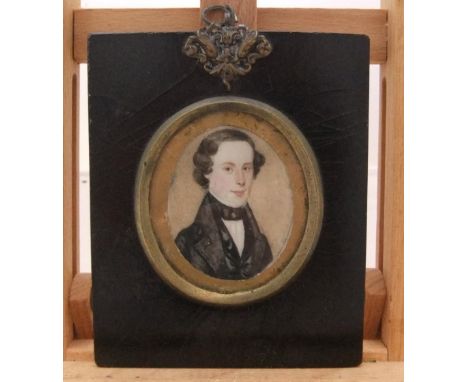 Unsigned mid 19thC miniature watercolour portrait of Joseph Harris, in original ebonised wood frame with ornate hanging clasp
