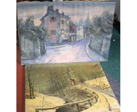 5 large vintage continental school oil paintings, differing artists, all unframed  All untouched and original, all with some 