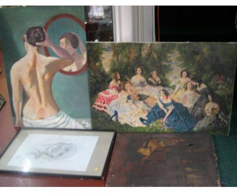 3 large oil portraits &amp; a framed pencil portrait of Mother Teresa  3 okay, 1 oil that is in poor condition with holes and
