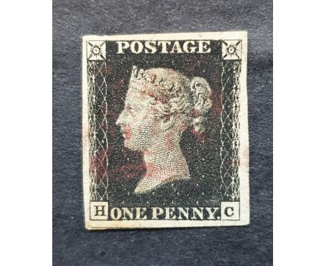 QV penny black (H-C), plate 1 with 4 good margins with light red Maltese Cross Cancellation  