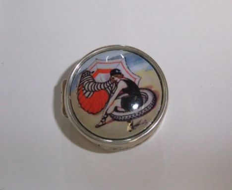 Vintage circular silver pill box with enamel topped lid of Edwardian lady on the beech  Fine without any problems