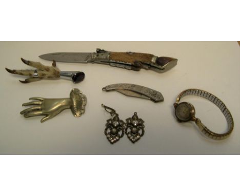 collection of vintage items including ladies Bulova watch, Spanish "hoof" pen-knife, matching hoof brooch, hand brooch, vinta