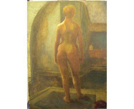 Slade school, unsigned oil on canvas portrait of a nude lady from the rear, unframed77 x 56cm  