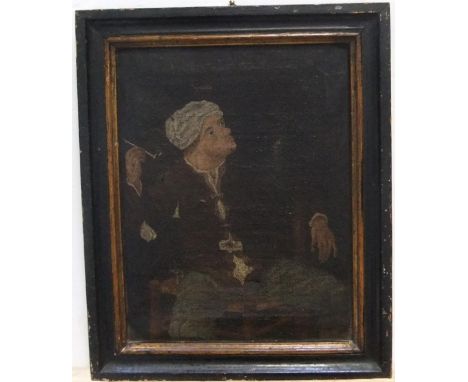Unsigned mid 19thC, naive oil on canvas portrait of Hogarth, original thin ebonised wood frame28 x 22 cm  Untouched and origi