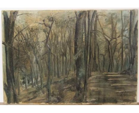 Indistinctly signed, mid 20thC French impressionist oil, woodland scene, unframed35 x 55 cm  Old repair to canvas & some ligh