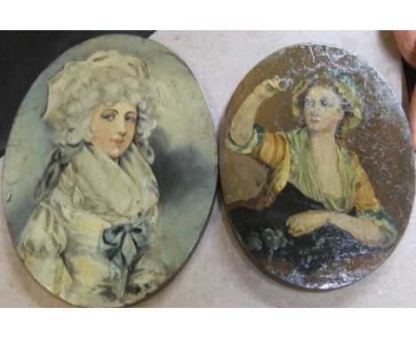 2 oval painted female portrait miniatures on wood panels, both unframedBoth approx 16 x 12 cm  