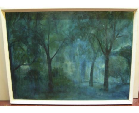 Unsigned 1960s British modern school oil on board "Trees in blue", framed61 x 80cm  Untouched and original, few light scratch