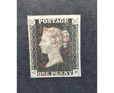 QV penny black (G-H), Plate 7 with 4 good margins and light red Maltese Cross Cancellation  