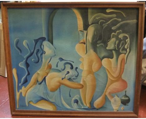 Large Hodgkinson oil on canvas, surrealist school oil "3 ladies", circa 1970s, wood framed73 x 88 cm  Untouched and original,