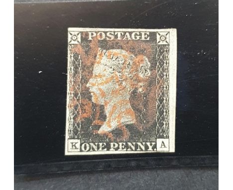 QV penny black (K-A), Plate 2 with 4 good margins and near complete red Maltese Cross Cancellation  left hand margin a little