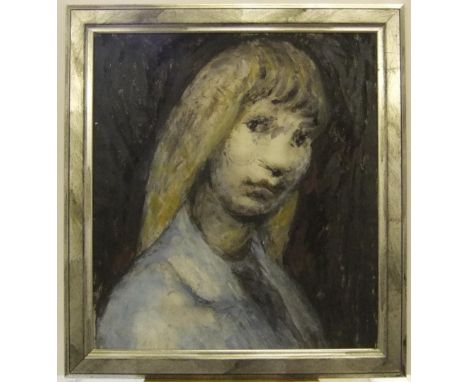 Unsigned, mid 20thC stylised gouache portrait of a blond haired girl, silvered wood frame46 x 42 cm  Fine and clean