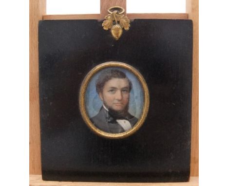 Good quality, unsigned, mid Victorian watercolour portrait of a young man in ebonised wood frame with acorn hanging clasp5.5 