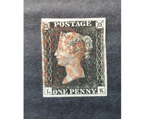 QV penny black (L-K), plate 6 with 4 good margins with near complete red Maltese Cross Cancellation  