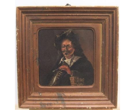 Mid 19thC unsigned, small oil on wood panel portrait of a man smoking a pipe, old frame23 x 23 cm  