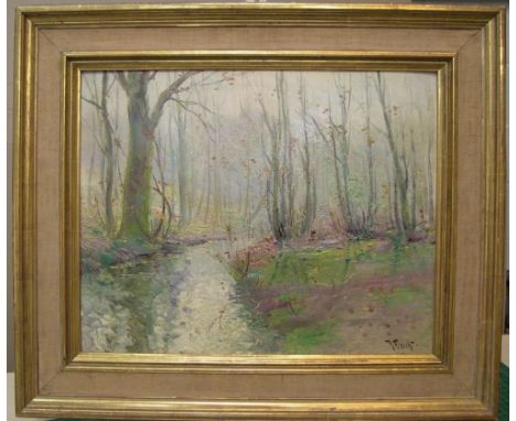 Theodor Eugen Christoph Feucht (1847-1944) oil on board, "Woodland stream", original frame, signed35 x 44cm  Fine and origina