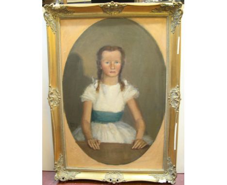 Large oil on board portrait of a young girl with pony-tail, indistinctly signed, framed88 x 59cm  Occasional light scratch et