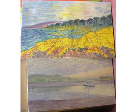 4 large vintage British oil landscapes, differing artists all unframed  Generally all in reasonably good condition, 1 has a s