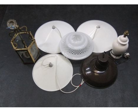 Quality Edwardian etched milk-glass shade &amp; 4 modern metal shades and 2 lamps including a brass and glass old lantern whi
