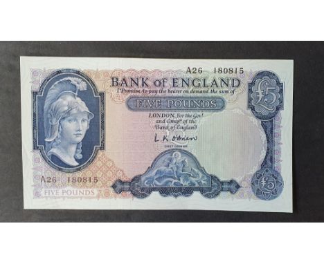 L K O'Brien £5 bank-note, A26 180815  