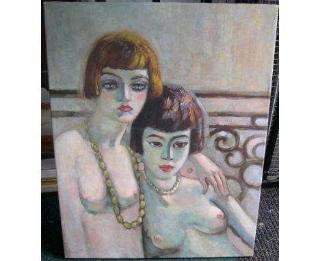 Unsigned vintage German expressionist oil on canvas, 2 topless flappers, unframed74 x 58 cm  Fine and clean having been relin