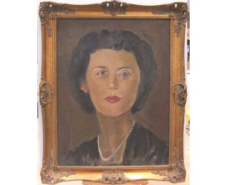 Large unsigned mid 20thC oil on board portrait of young society lady, framed61 x 45 cm  Untouched and original, small amount 
