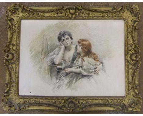 Superb, c1900 indistinctly monogrammed large watercolour portrait of Mother & daughter, original ornate gilt plaster frame (s