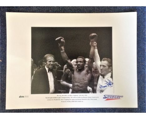 Boxing Maurice Hope signed 22x16 black and white Sporting Masters print pictured after defending his Light Middleweight title