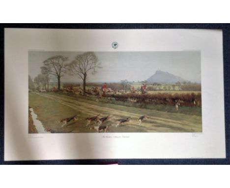 The Cheshire Away for Tattenhall print 21x36 approx by the artist Cecil Laloin picturing the Cheshire Hounds 1912 Joint Maste